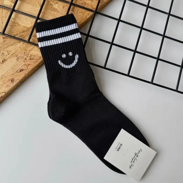 Accessories/Gifts - Smiley Face Crew Socks, Black, One Size