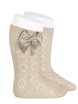 Condor beige openwork knee socks with satin bow