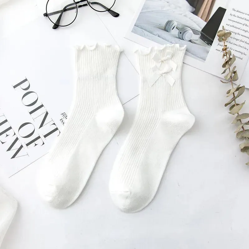 Cotton Lolita Socks | Frilly Crew Socks With Bowknot | Cute Socks