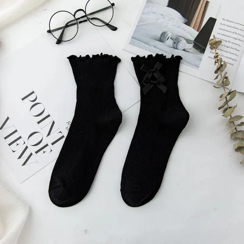 Cotton Lolita Socks | Frilly Crew Socks With Bowknot | Cute Socks