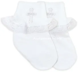 Embroidered Cross Lace Trim Socks - Choice of White or Ivory