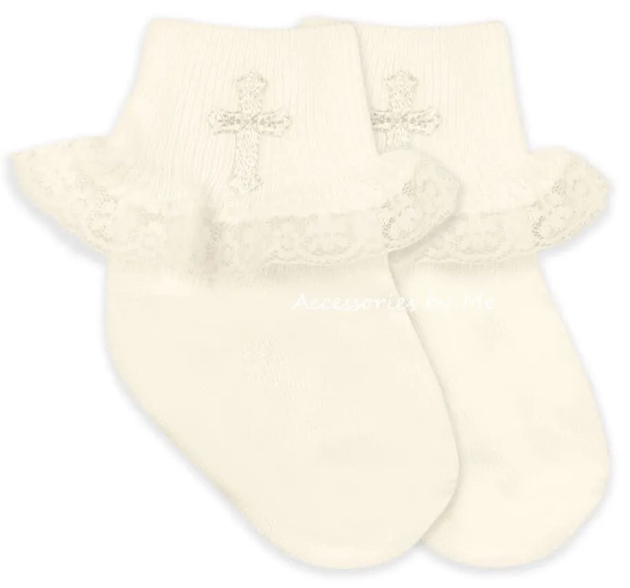 Embroidered Cross Lace Trim Socks - Choice of White or Ivory