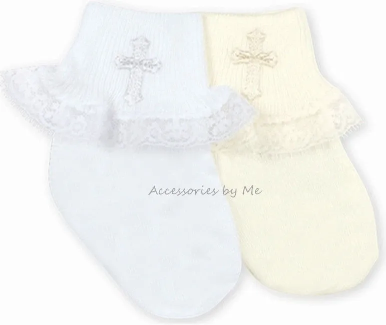 Embroidered Cross Lace Trim Socks - Choice of White or Ivory