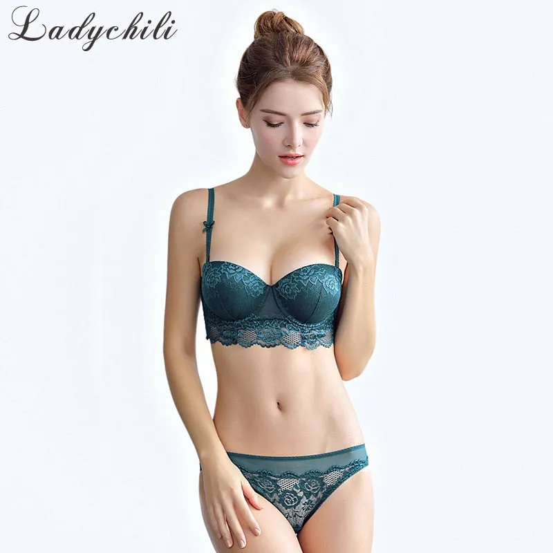 Floral Embroidery Half Cup Bra Set