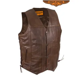 Mens 10 Pocket Brown Motorcycle Leather Vest