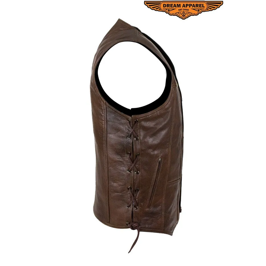 Mens 10 Pocket Brown Motorcycle Leather Vest