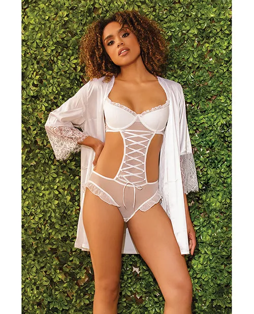 Stretch Mesh Ruffled Crotchless Teddy White MD